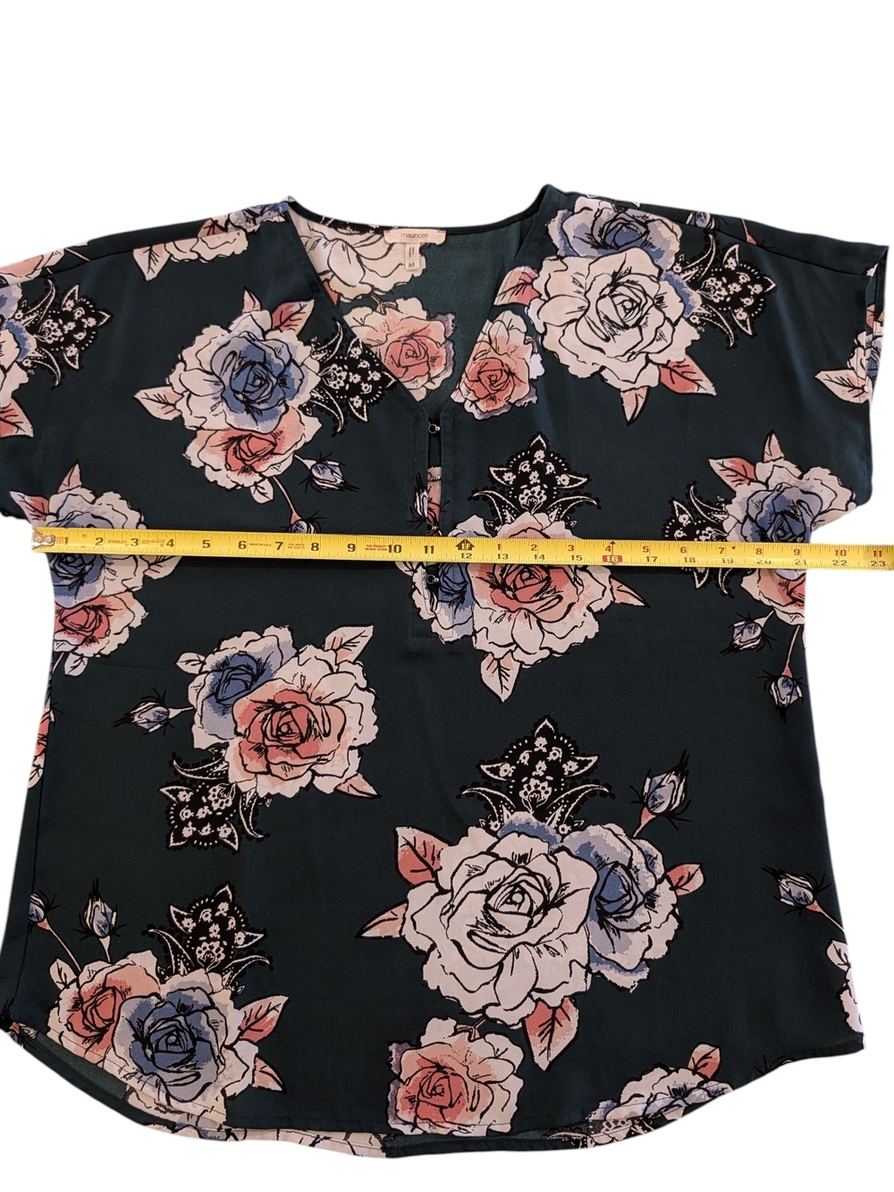 Maurices Floral V-Neck Top in Dark Green with Pink, Blue, & Cream Roses - Picture 5 of 6